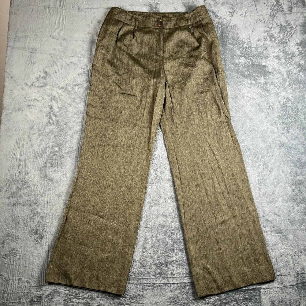 Vintage Jones New York Pants Women 10 Olive Green Gold Textured Pleated Wide Leg